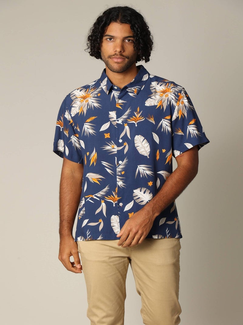 Chemise classique en viscose avec imprimé tropical coloré 'Deeluxe' Bleu marine - Kiabi