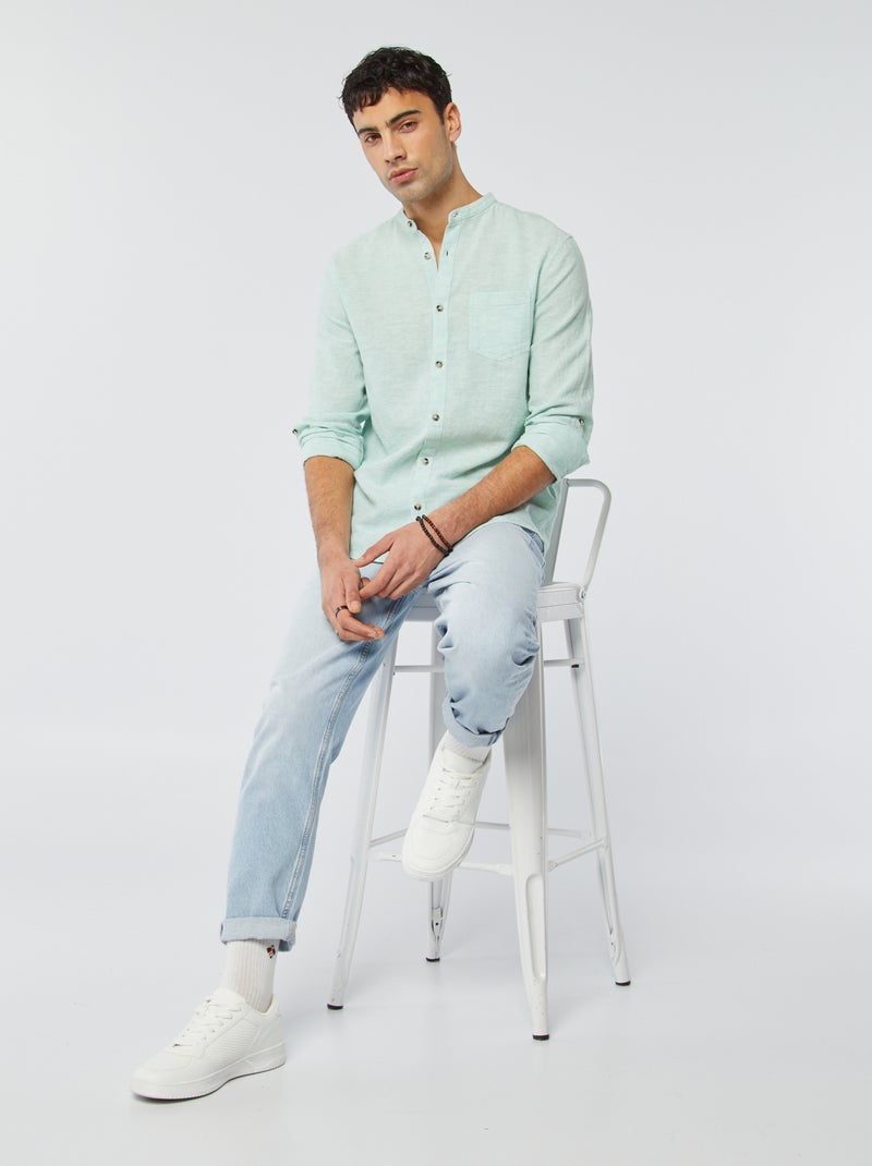 Chemise col mao avec lin Bleu clair - Kiabi