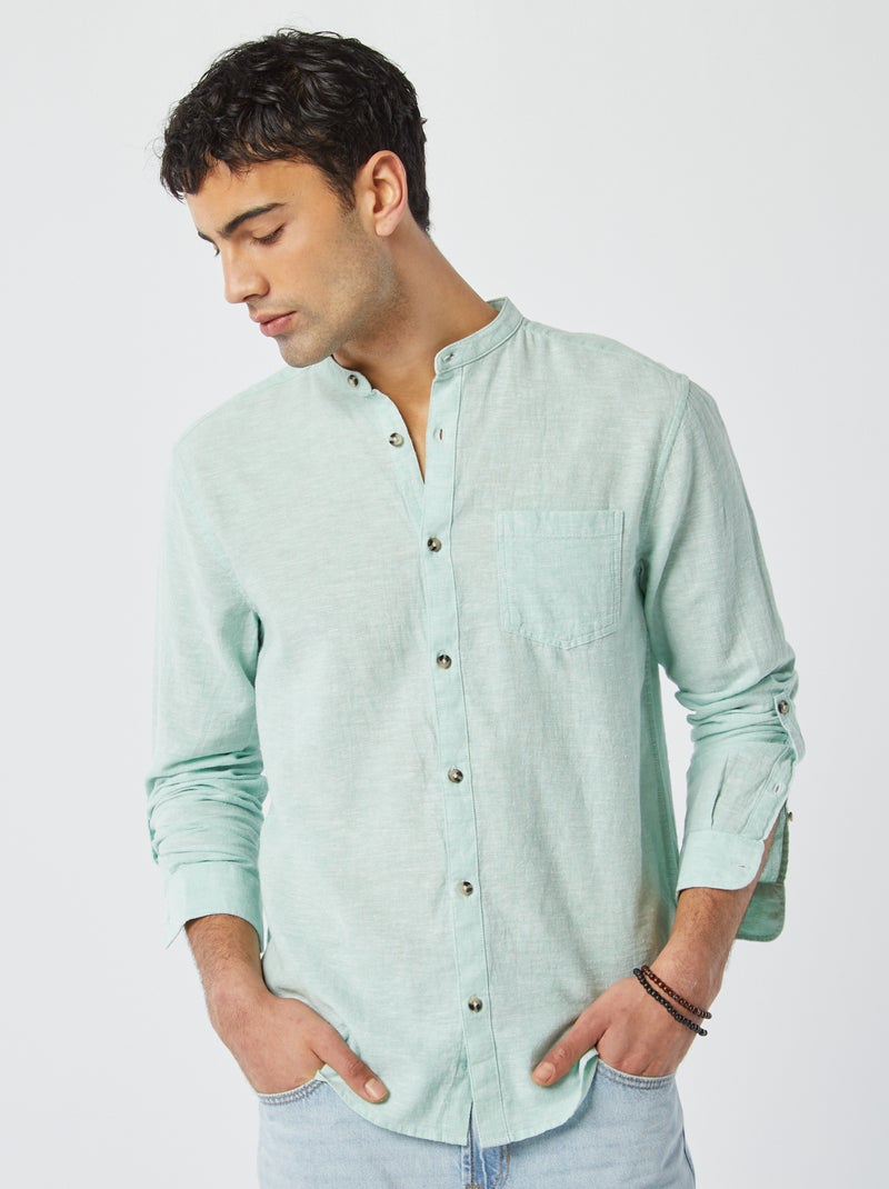Chemise col mao avec lin Bleu clair - Kiabi