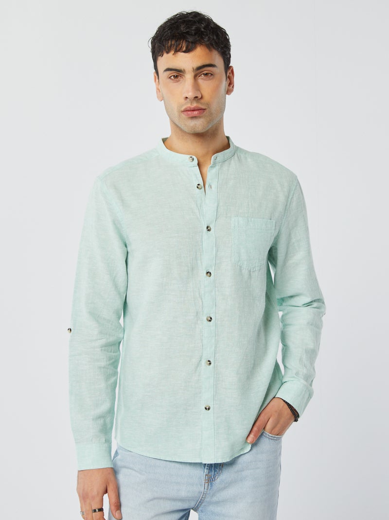 Chemise col mao avec lin Bleu clair - Kiabi