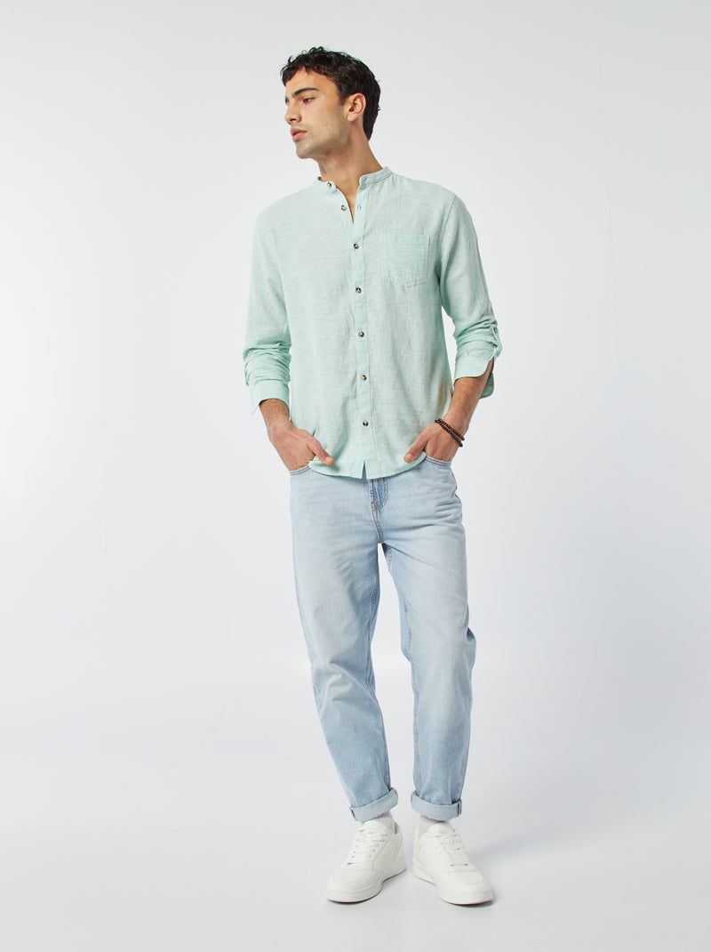 Chemise col mao avec lin Bleu clair - Kiabi