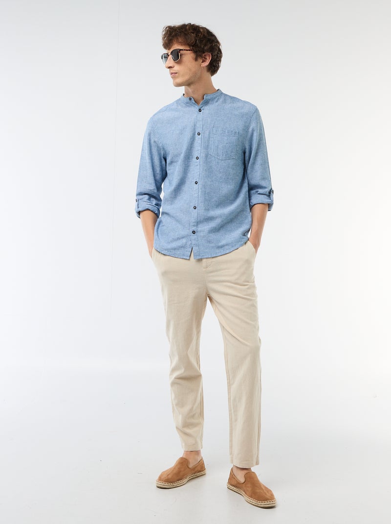 Chemise col mao avec lin Bleu - Kiabi