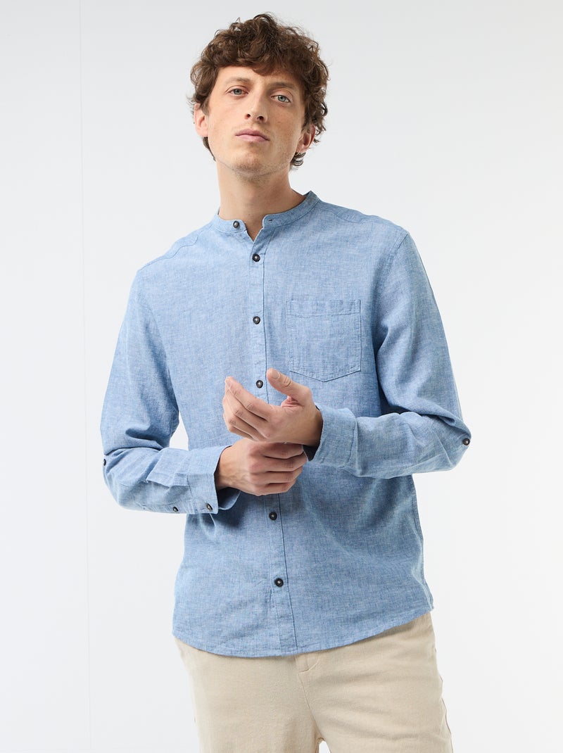 Chemise col mao avec lin Bleu - Kiabi