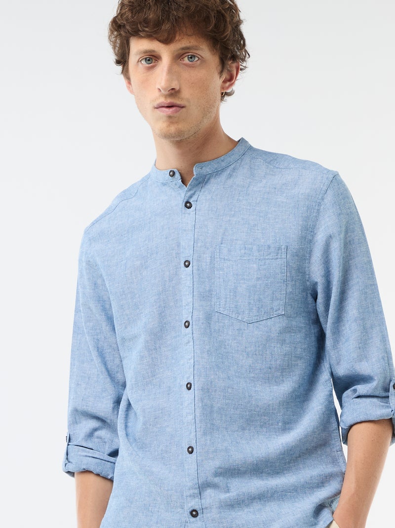 Chemise col mao avec lin Bleu - Kiabi