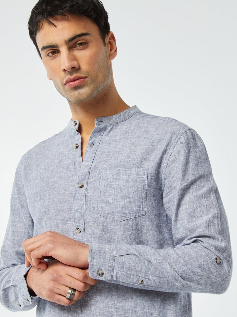 Chemise col mao avec lin Bleu grisé - Kiabi