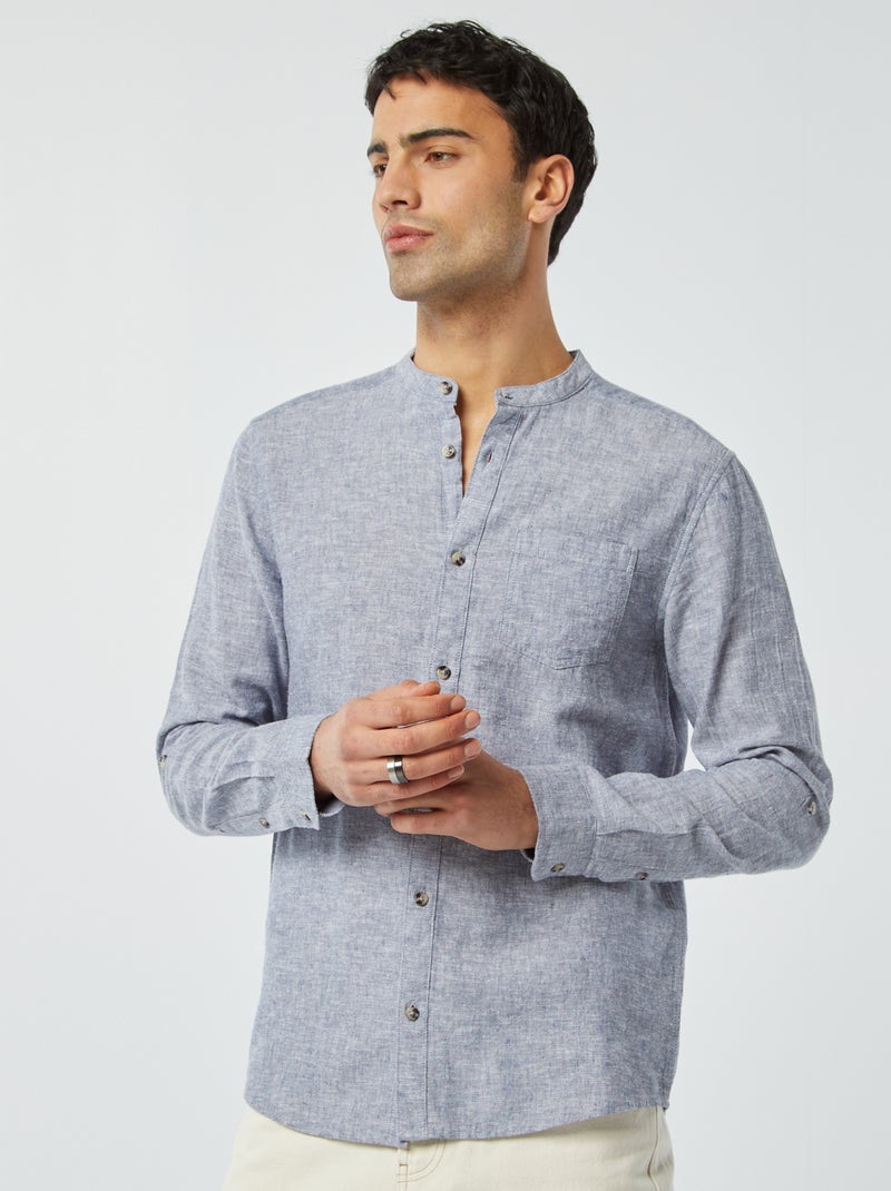 Chemise col mao avec lin Bleu grisé - Kiabi