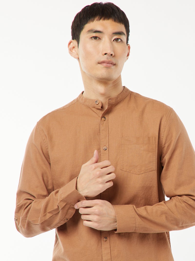 Chemise col mao avec lin Marron - Kiabi