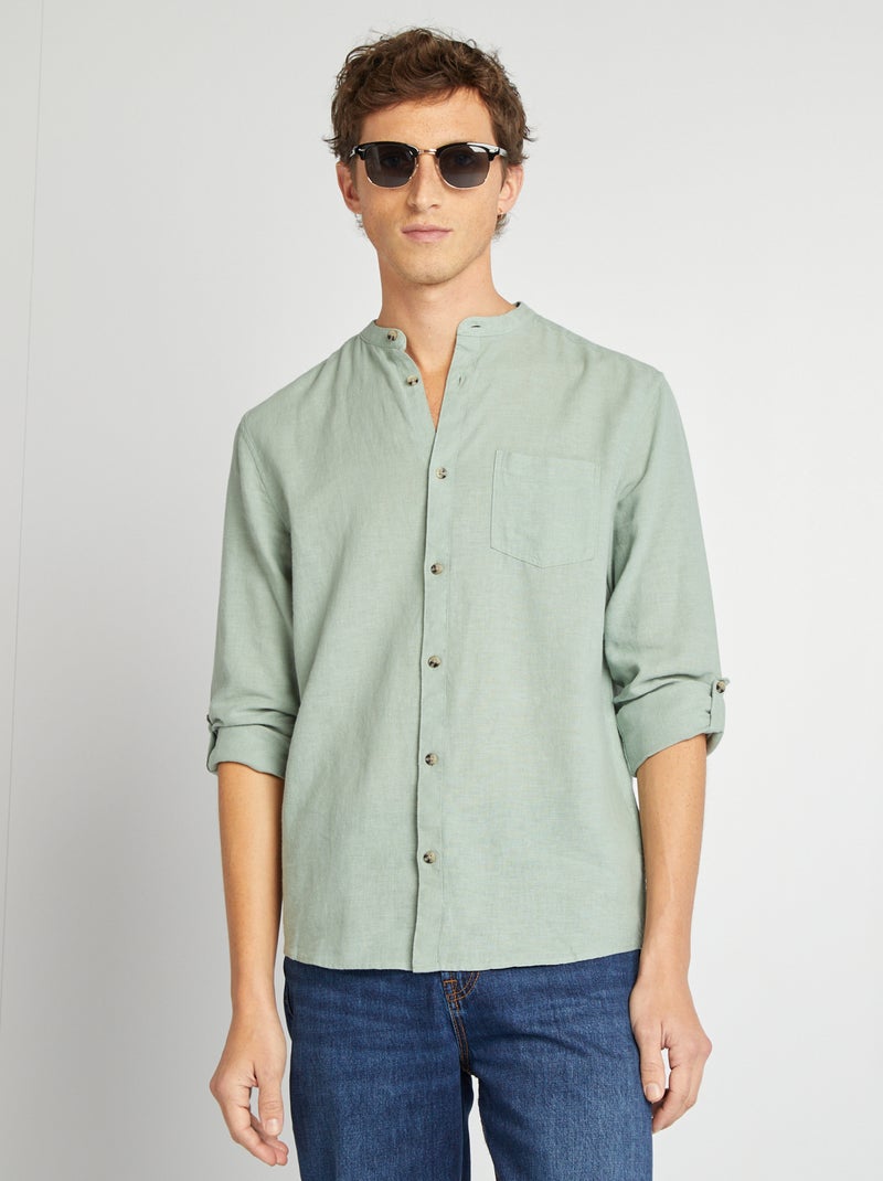 Chemise col mao avec lin Vert amande - Kiabi