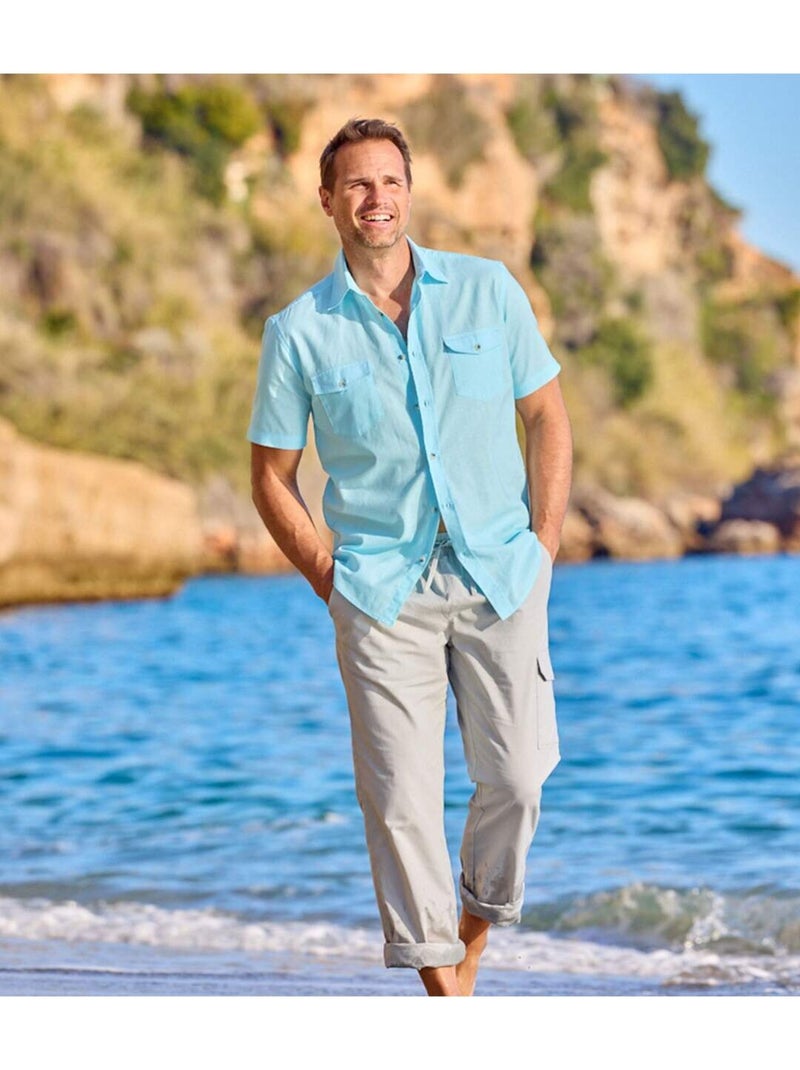 Chemise Coton et Lin Turquoise   - ATLAS FOR MEN Bleu - Kiabi