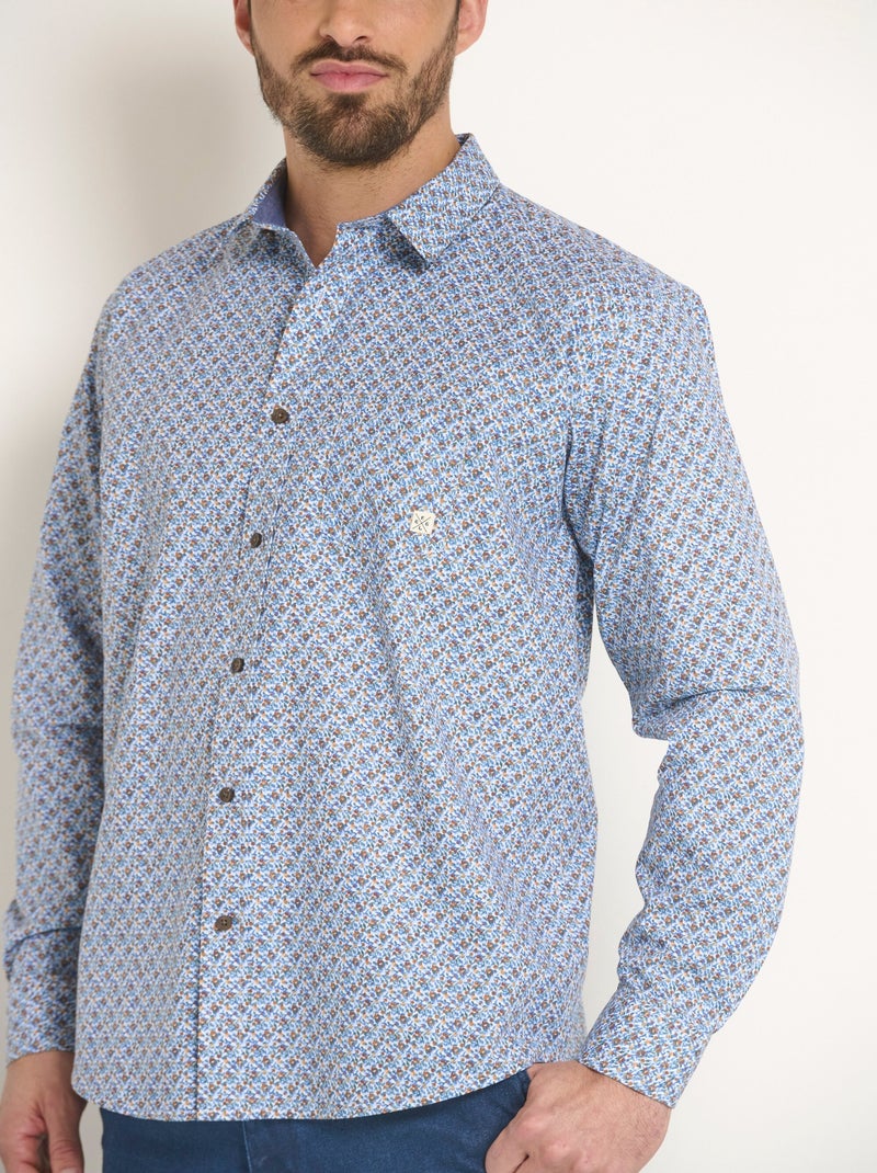 Chemise coton micro motif manches longues Bleu - Kiabi