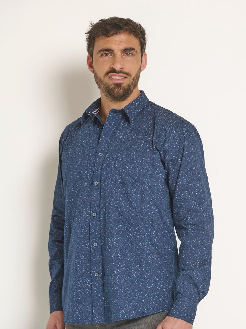 Chemise coton micro motif manches longues Bleu marine - Kiabi