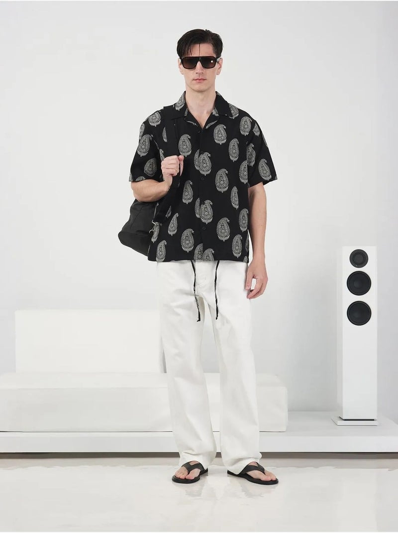 Chemise coupe classique à imprimé cachemire et fermeture boutonnée giesto Noir - Kiabi