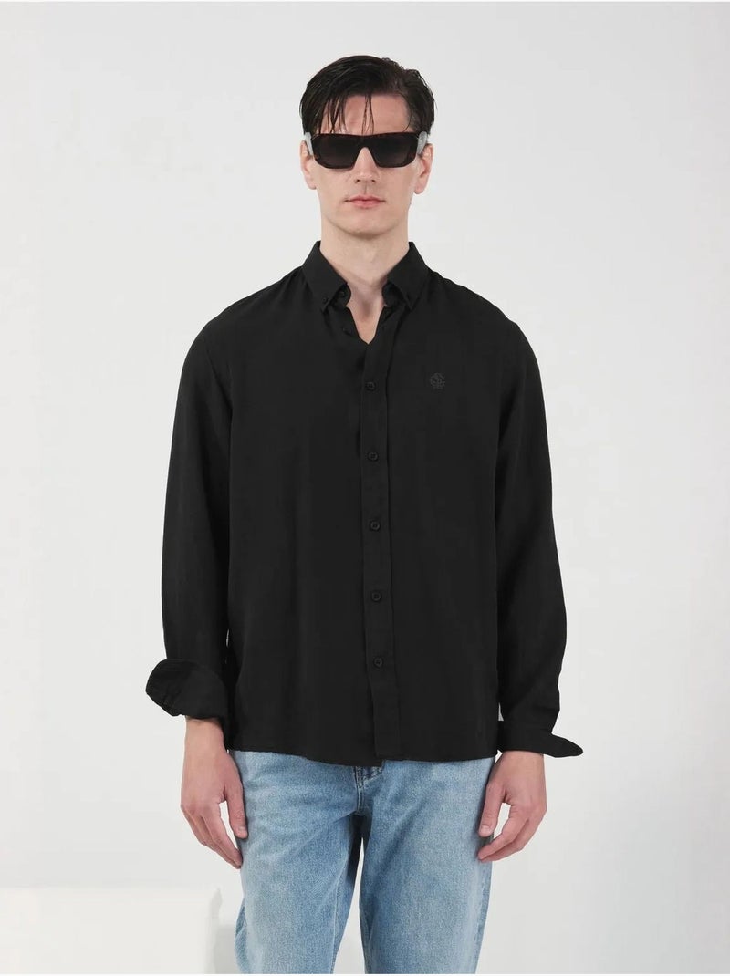 Chemise coupe classique à manches longues boutonnée en tencel giesto Noir - Kiabi