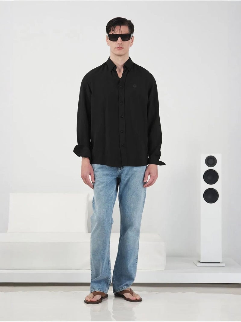 Chemise coupe classique à manches longues boutonnée en tencel giesto Noir - Kiabi