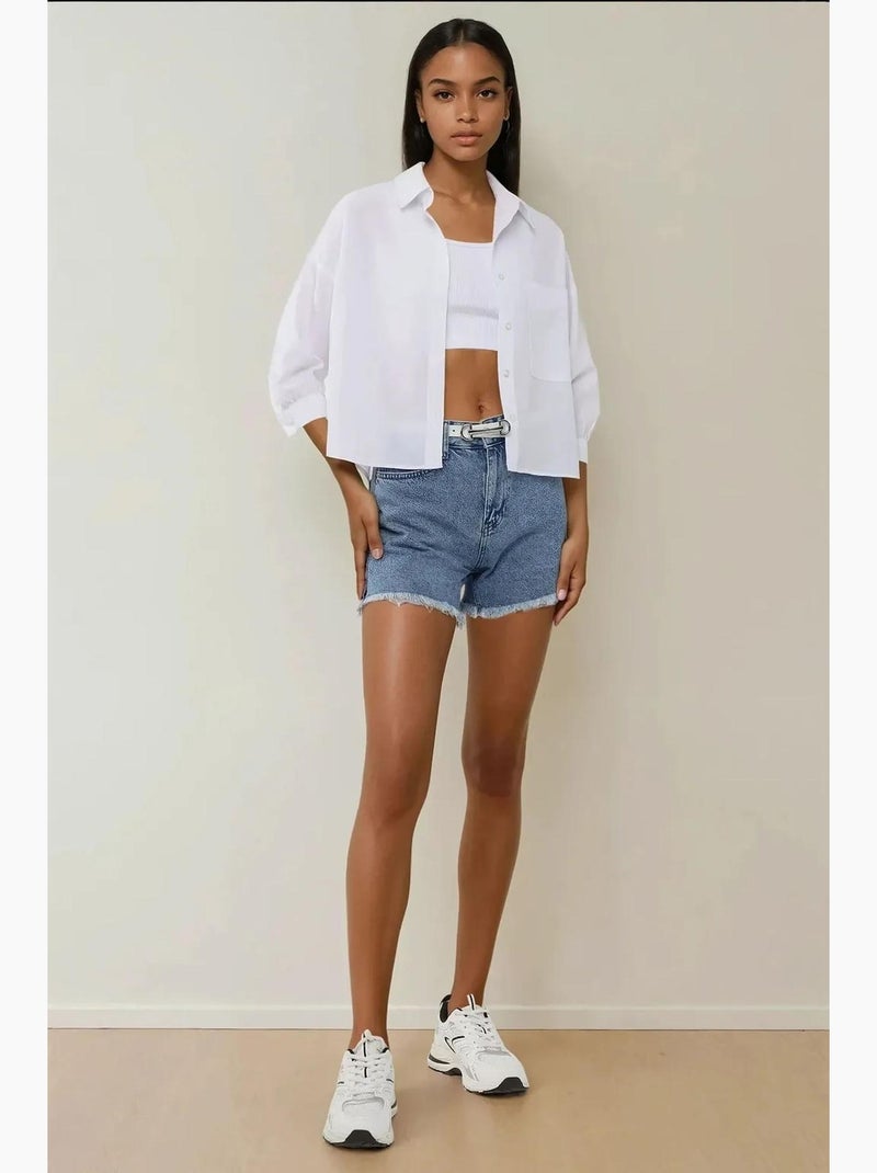 Chemise courte à manches longues en mélange de lin hiccup Blanc - Kiabi