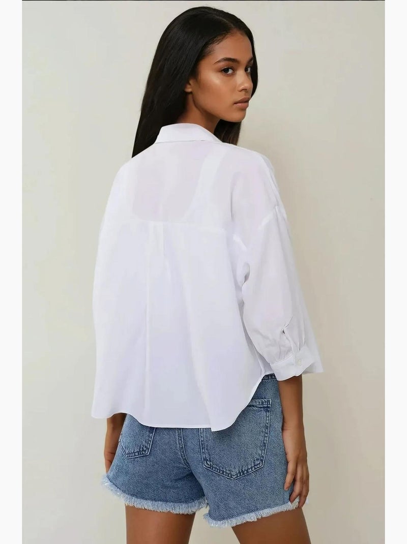 Chemise courte à manches longues en mélange de lin hiccup Blanc - Kiabi