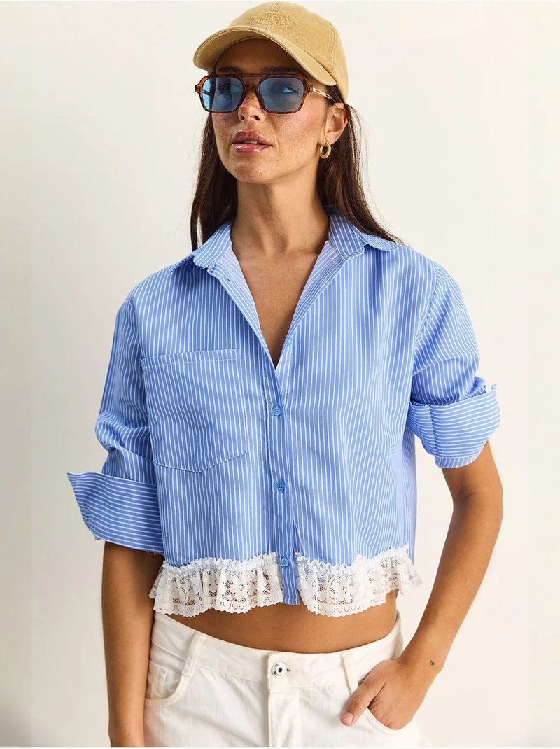 Chemise courte à rayures et boutons lucci Bleu ciel - Kiabi