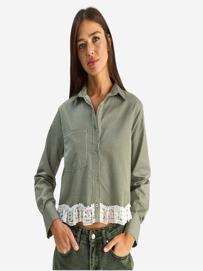 Chemise courte à rayures et boutons lucci Kaki - Kiabi