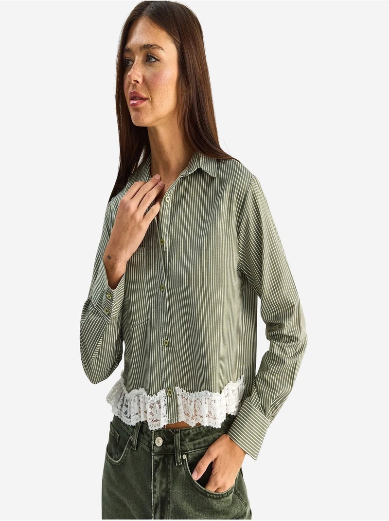 Chemise courte à rayures et boutons lucci Kaki - Kiabi
