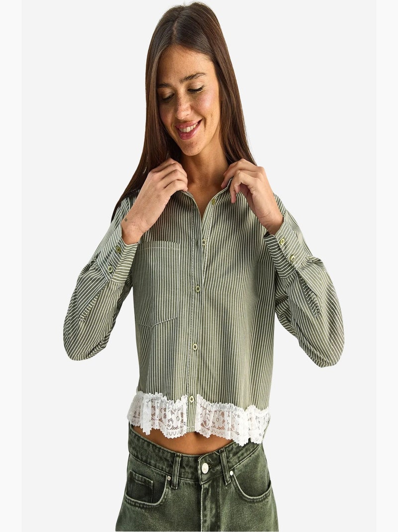 Chemise courte à rayures et boutons lucci Kaki - Kiabi