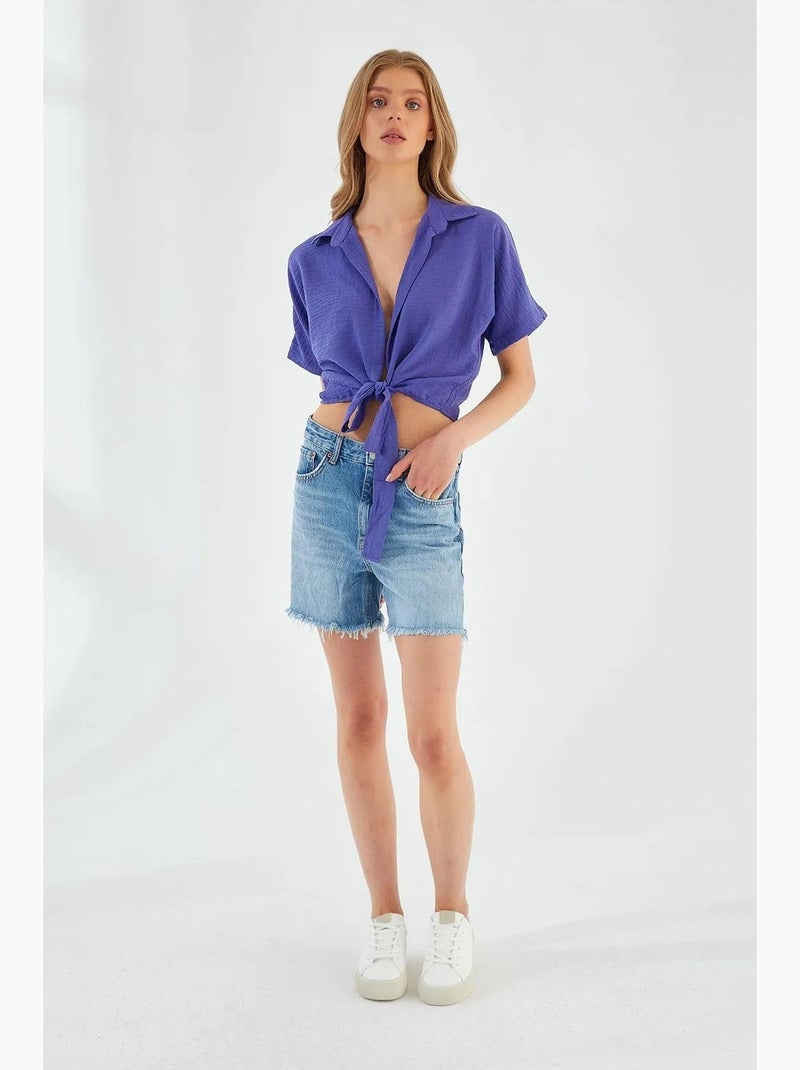 Chemise courte ajustée à col en v et fermeture à nouer mixray Lavande - Kiabi