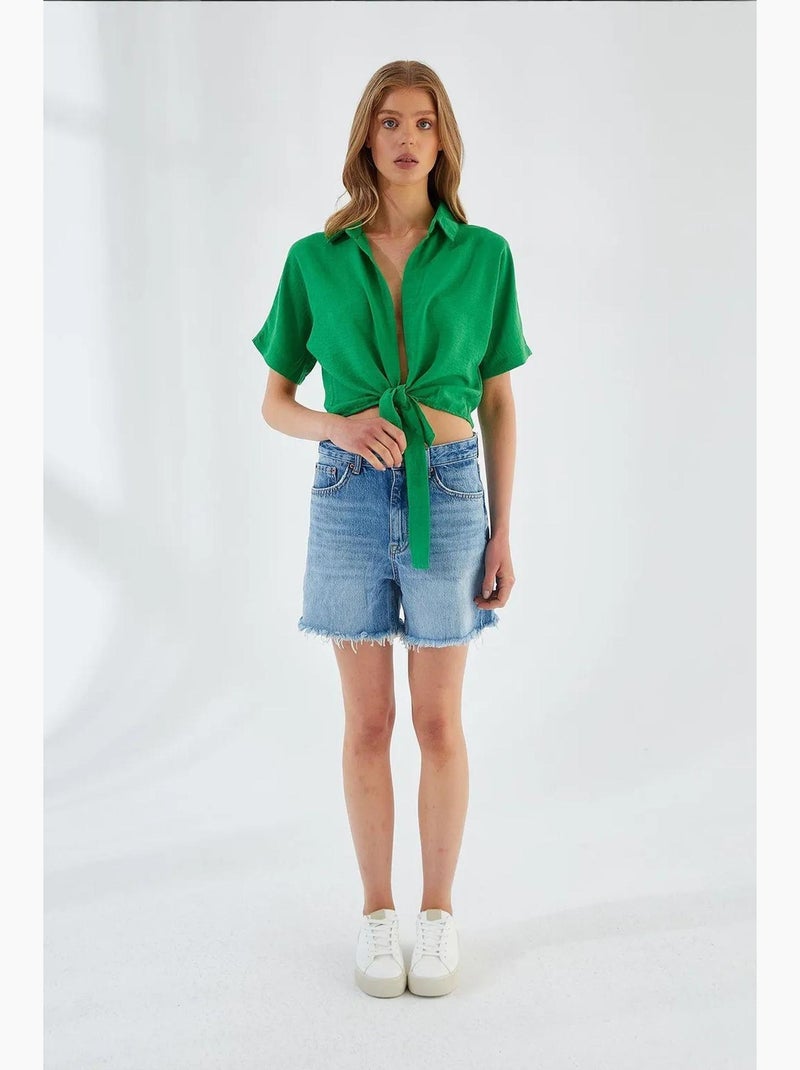 Chemise courte ajustée à col en v et fermeture à nouer mixray Vert - Kiabi