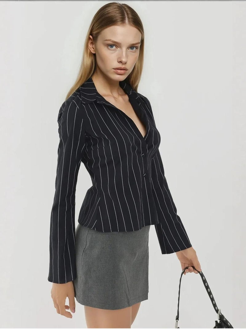 Chemise courte ajustée à rayures Noir - Kiabi