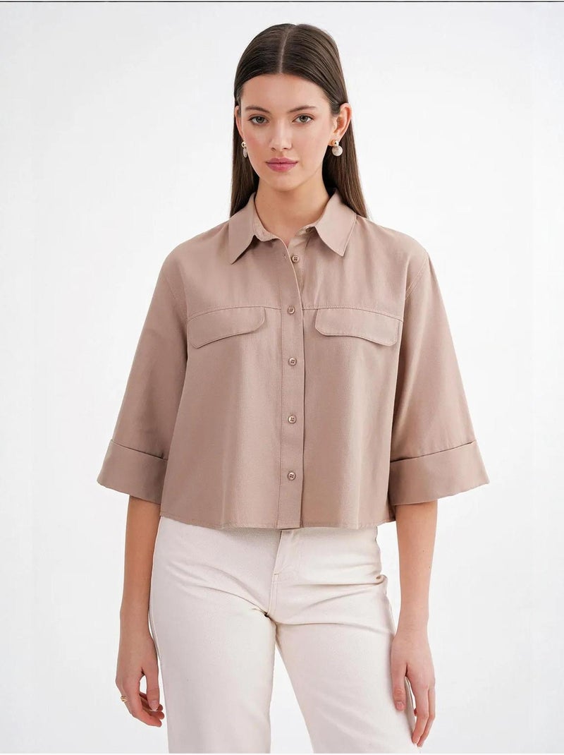 Chemise courte ample avec fermeture à boutons et poche mixray Camel - Kiabi