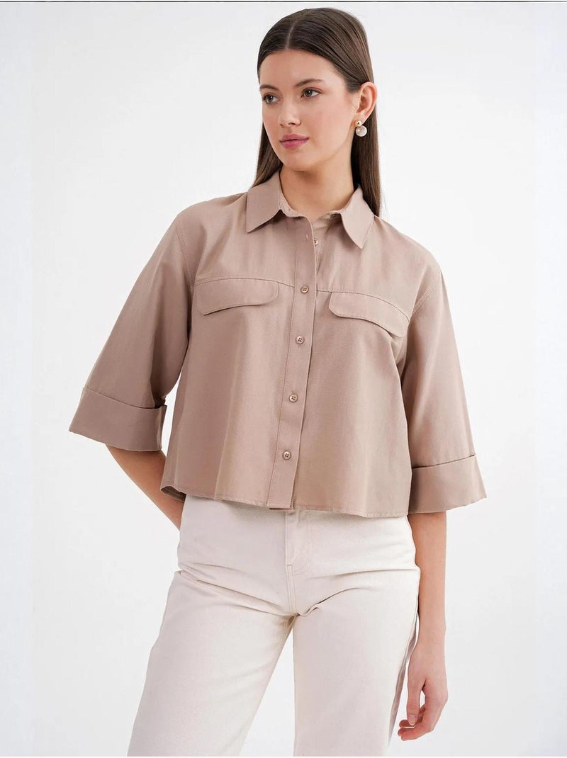 Chemise courte ample avec fermeture à boutons et poche mixray Camel - Kiabi