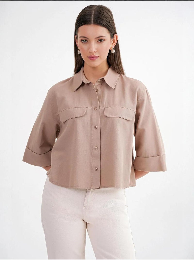 Chemise courte ample avec fermeture à boutons et poche mixray Camel - Kiabi