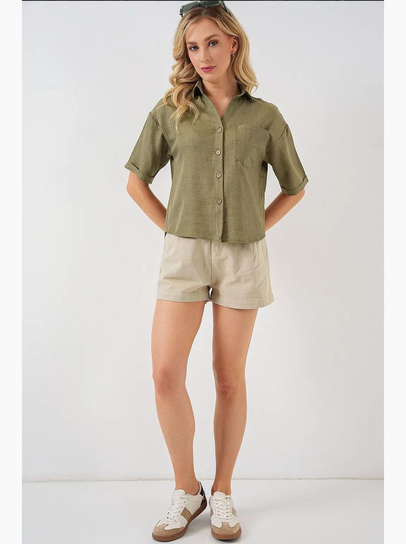 Chemise courte aspect lin bdart Vert kaki - Kiabi