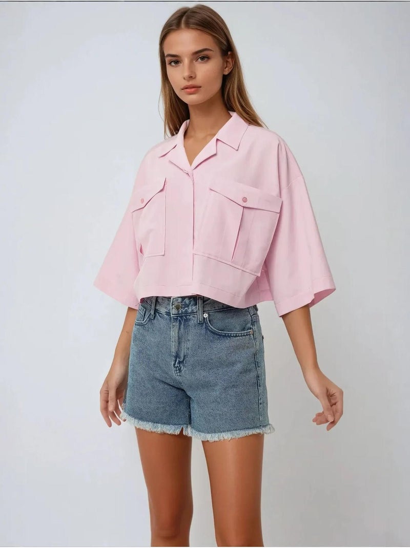 Chemise courte avec détail de poche Rose - Kiabi