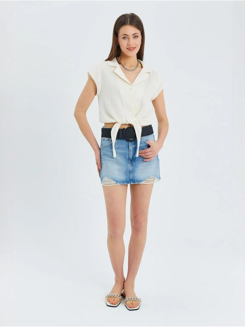 Chemise courte avec détail nœud mixray Beige - Kiabi