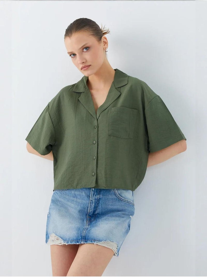 Chemise courte boutonnée coupe ample avec poche mixray Kaki - Kiabi