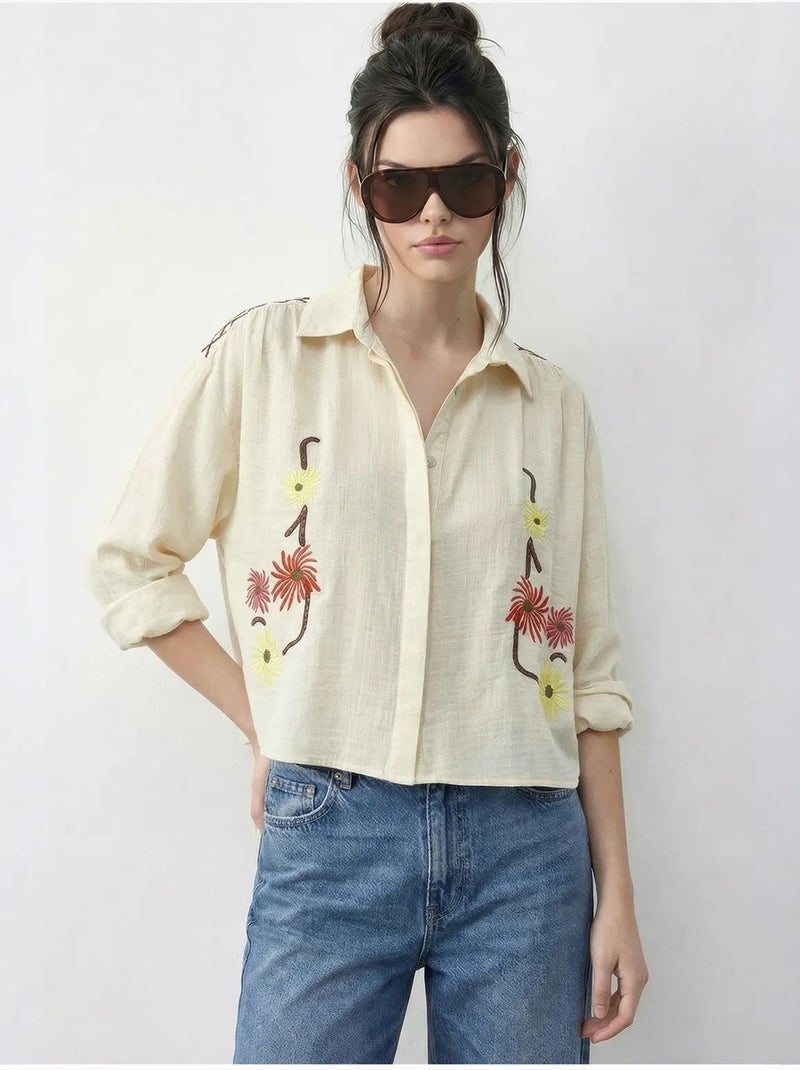 Chemise courte brodée avec fermeture boutonnée lucci Crème - Kiabi