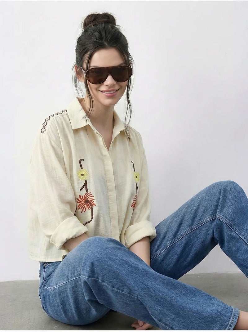 Chemise courte brodée avec fermeture boutonnée lucci Crème - Kiabi