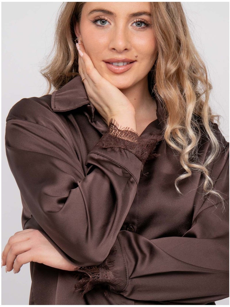 Chemise courte en satin bordée de dentelle olenka Marron - Kiabi