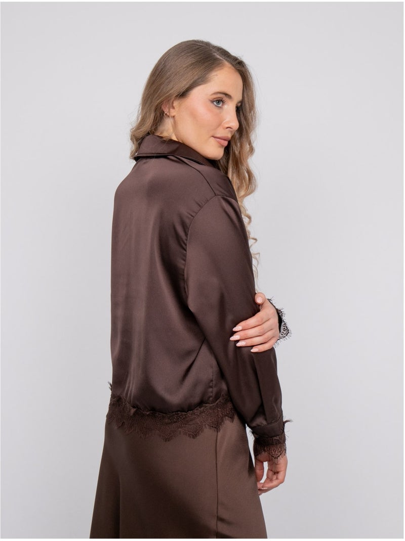 Chemise courte en satin bordée de dentelle olenka Marron - Kiabi