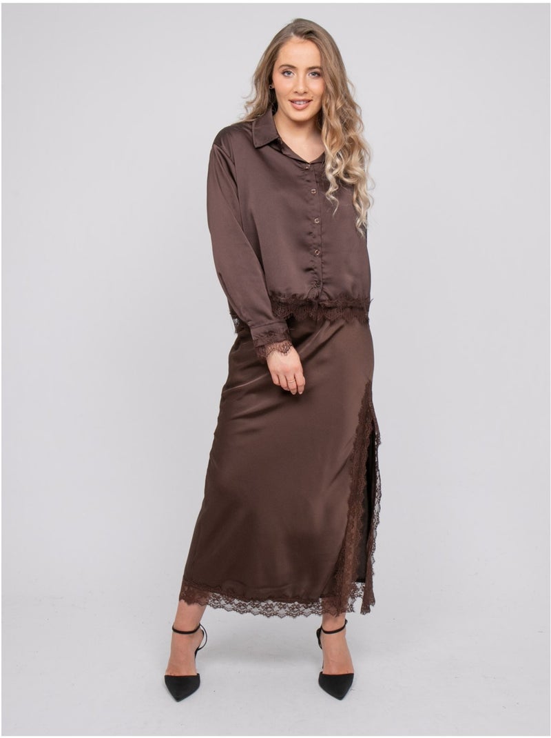 Chemise courte en satin bordée de dentelle olenka Marron - Kiabi