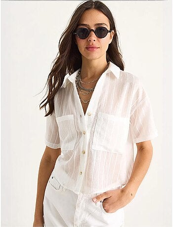 Chemise courte en viscose à rayures bianco avec double poche lucci
