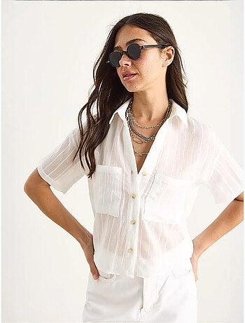 Chemise courte en viscose à rayures bianco avec double poche lucci