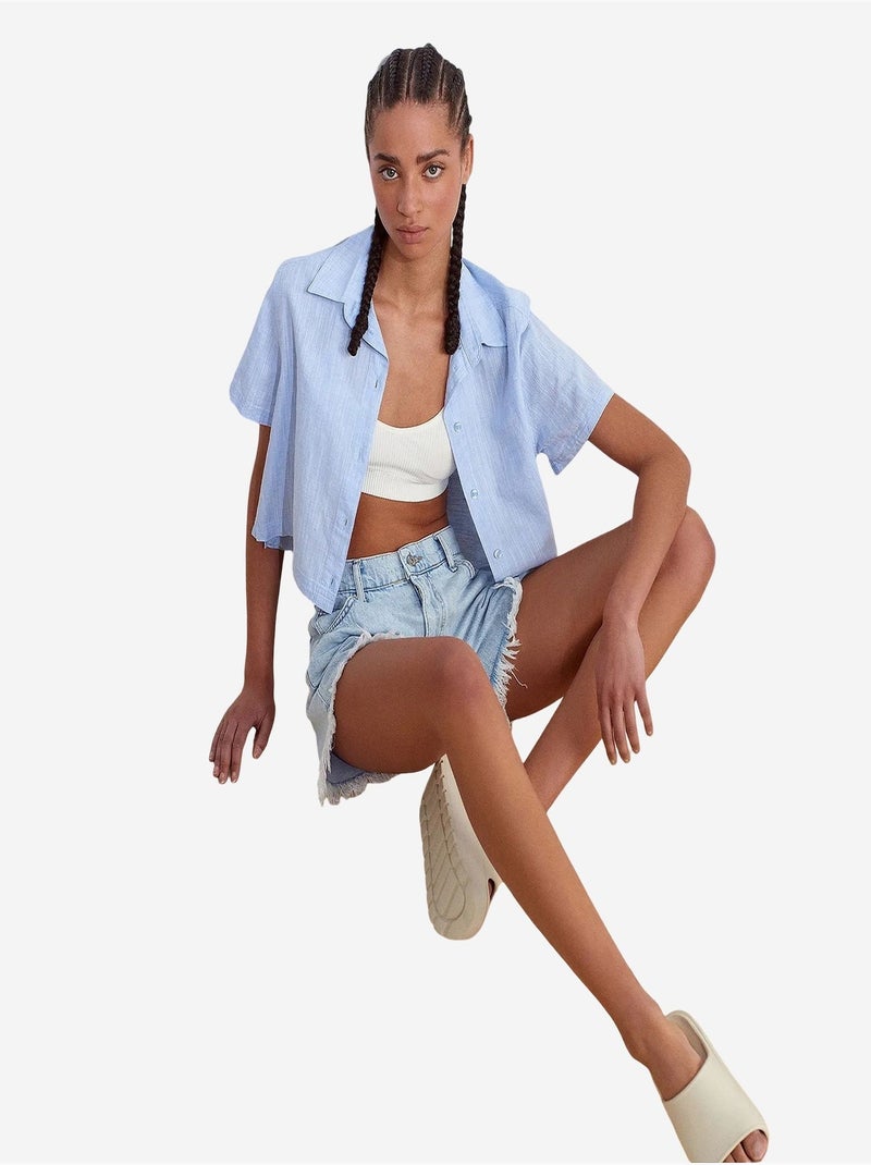 Chemise courte femme en mélange de lin dilvin Bleu ciel - Kiabi