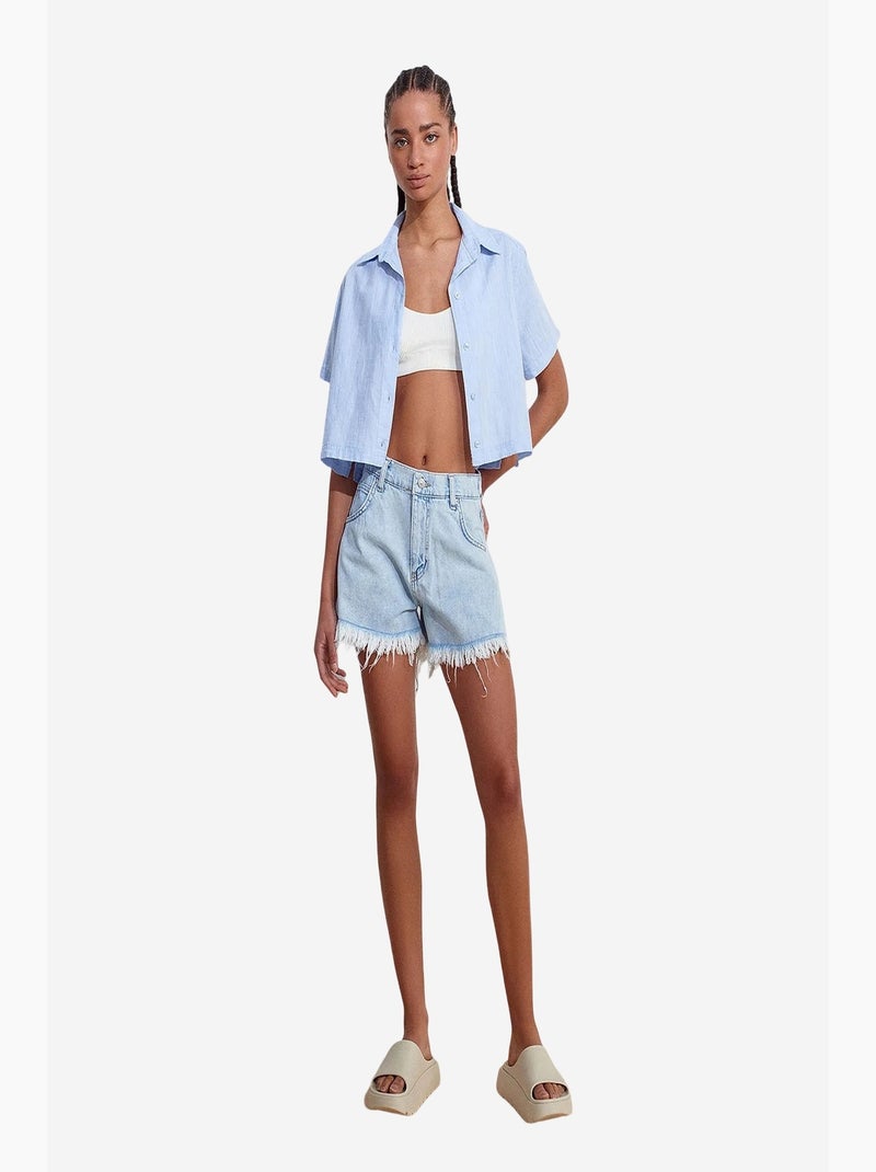 Chemise courte femme en mélange de lin dilvin Bleu ciel - Kiabi