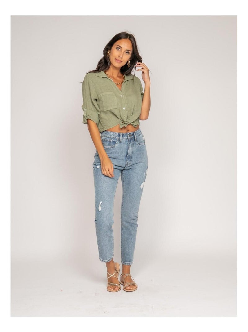 Chemise courte lin ORTHENSE Kaki - Kiabi