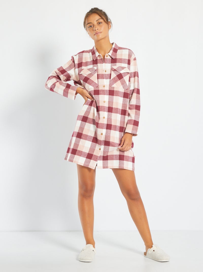 Chemise de nuit à carreaux en flanelle Beige/bordeaux - Kiabi