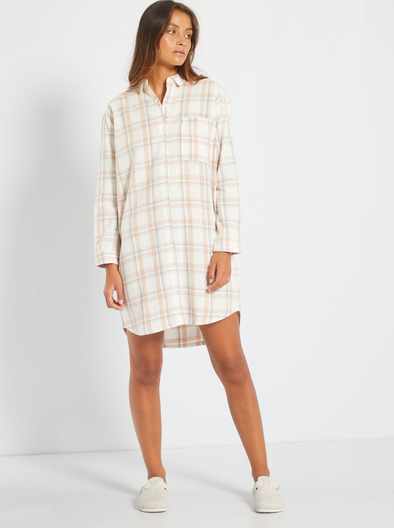 Chemise de nuit à carreaux en flanelle Blanc/rose - Kiabi