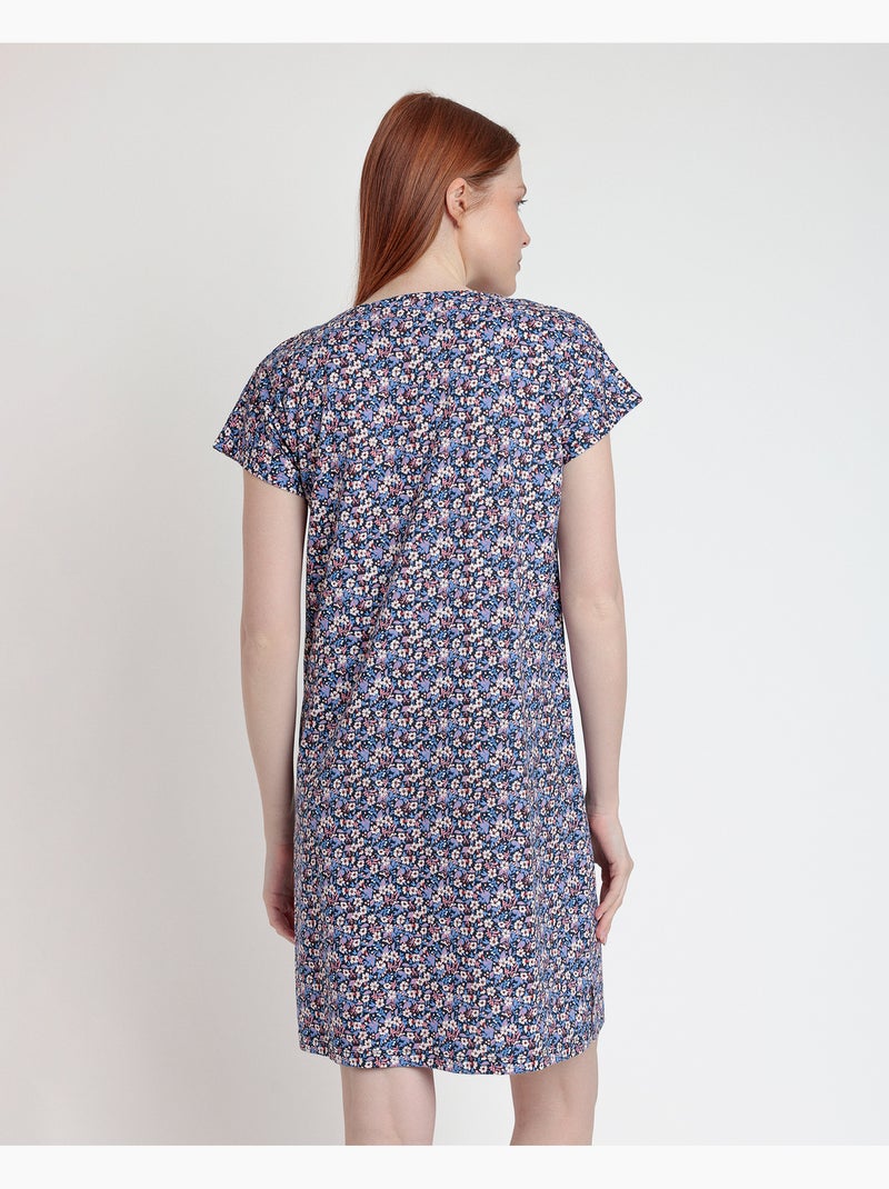 Chemise de nuit à manches tombantes ADMAS bleu et rose Liberty pour femme Bleu marine - Kiabi