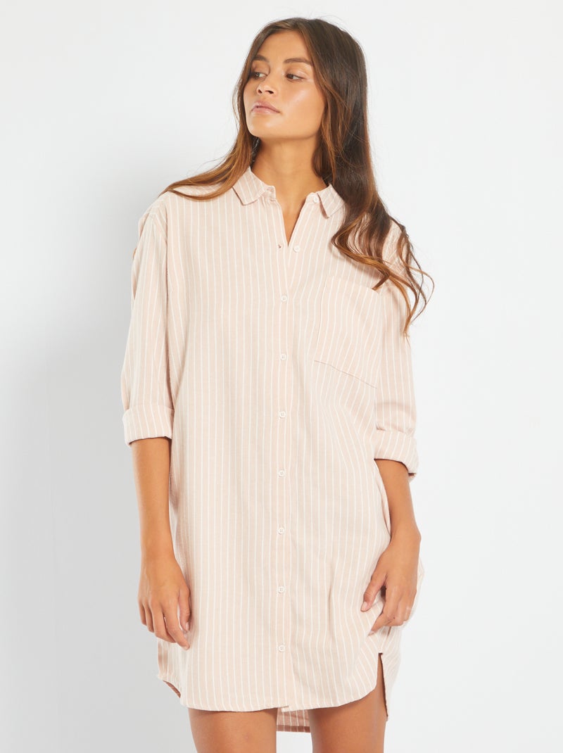 Chemise de nuit à rayures en flanelle Vieux rose - Kiabi