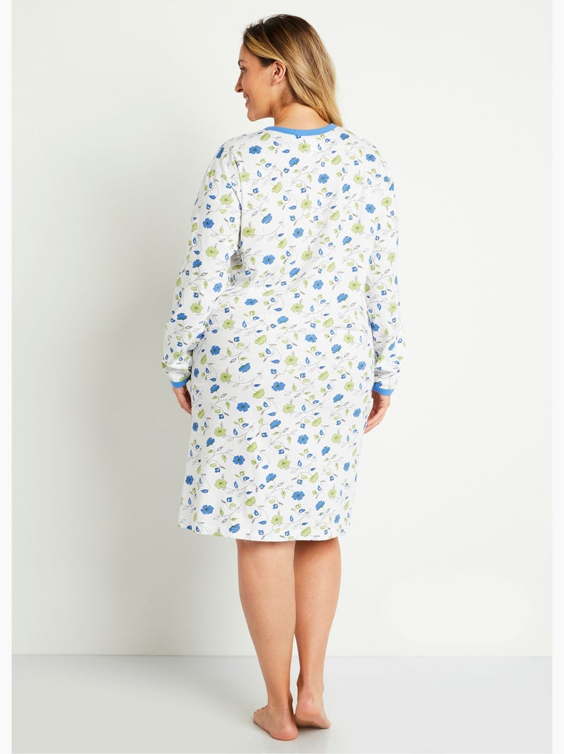 Chemise de nuit boutonnée coton imprimé mi longue - Afibel Bleu - Kiabi