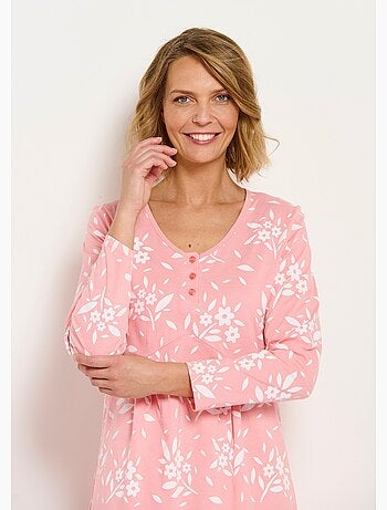 Chemise de nuit boutonnée coton mi longue fleurie - Afibel